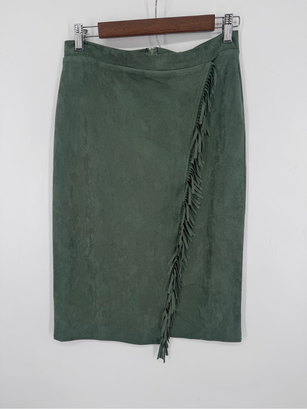 L Love Suede Green Wrap Fringe Midi Skirt Fall Western Festival Size Medium NWT